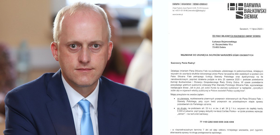 Radny Gminy Dobra Łukasz Bojanowski wezwany do przeprosin za wypowiedzi o charakterze narodowościowym wobec starosty polickiego
